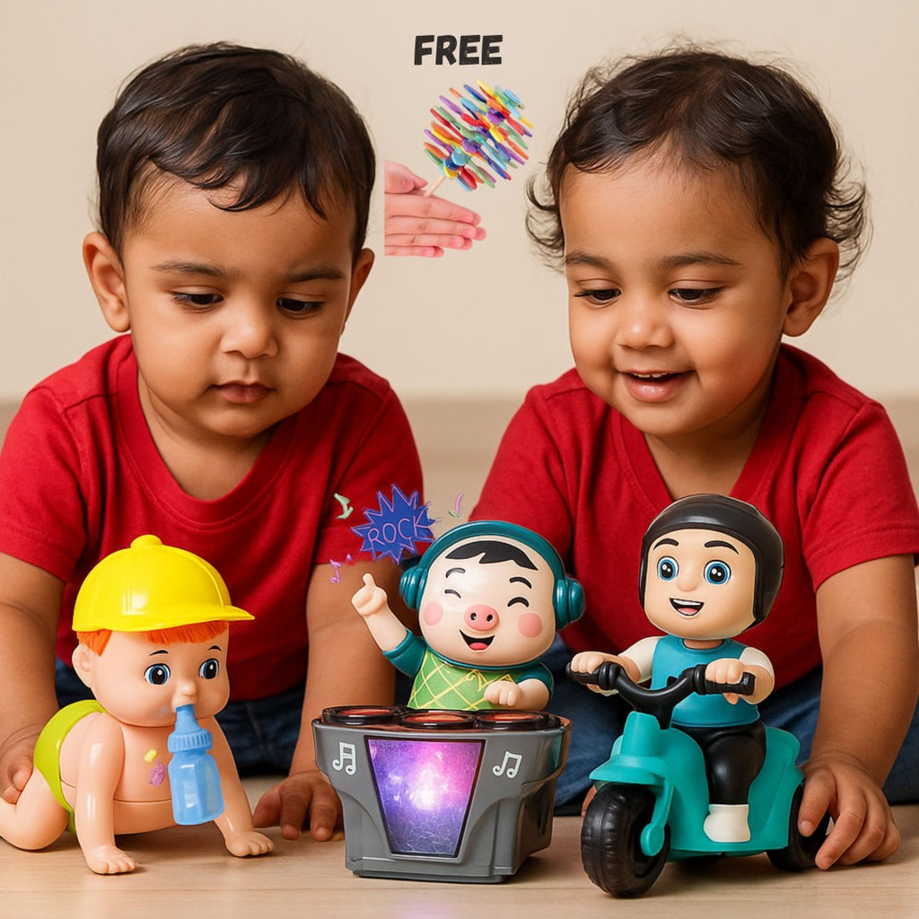 BUY 3 GET 1 FREE Combo: Little Mover Toy + Fun Bash Toy + Cute Delivery Boy [Flower Candy (FREE)]